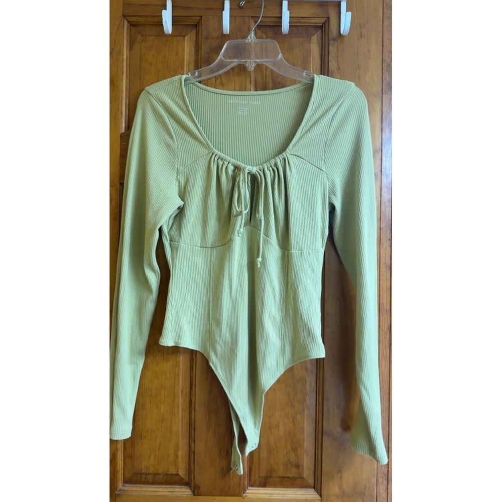 American Eagle XL Bodysuit Women Green Ribbed Long Sleeve Cinched Front‎ Casual